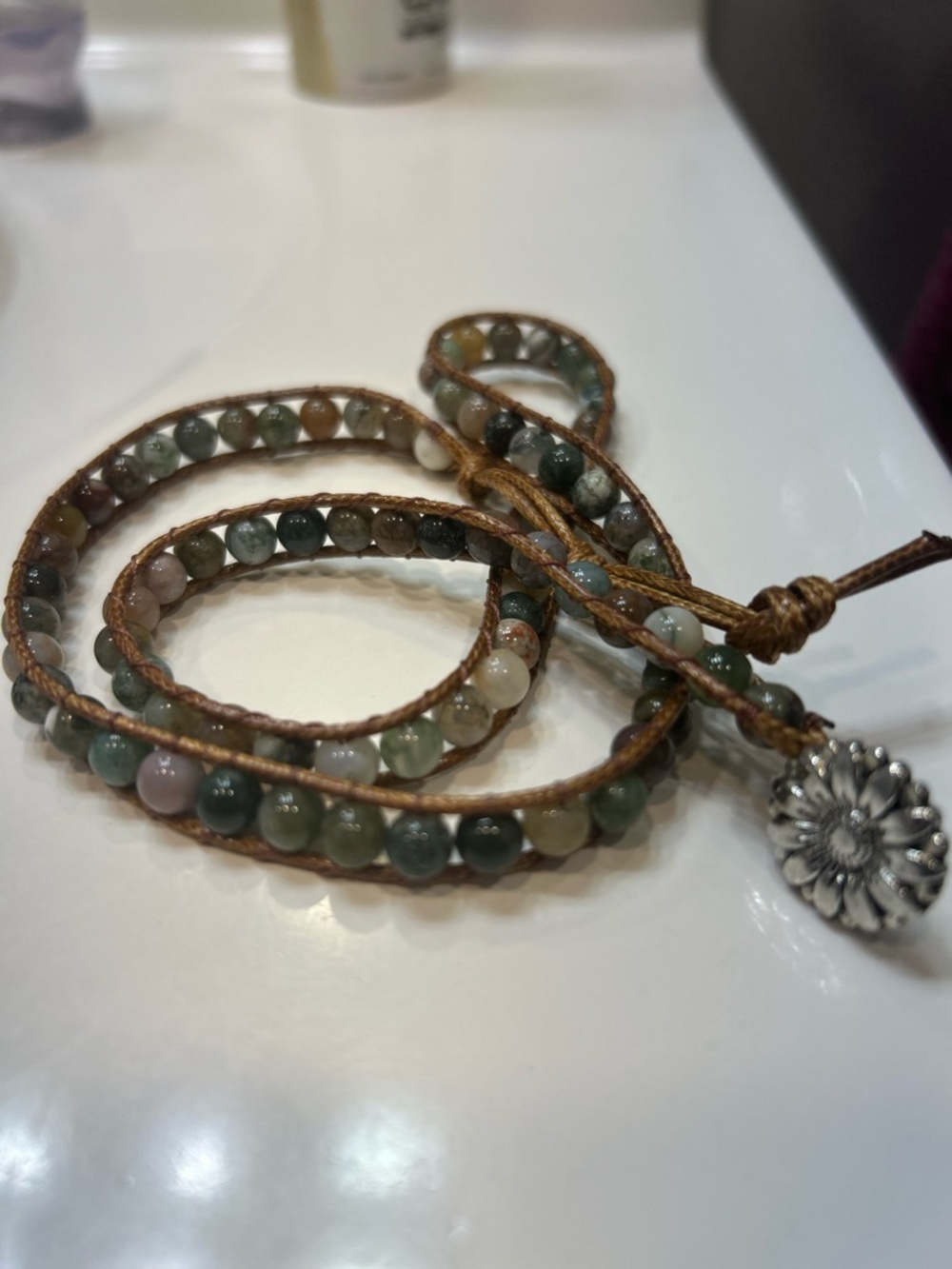 Handmade Multi-Color Beaded Wrap Bracelet with Floral Button Closure